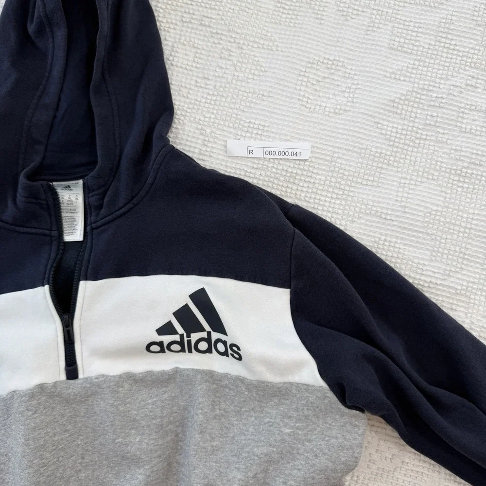 Adidas Sweatshirt Hooded Quarter-Zip White/ Gray/ Navy Mens XL HR6093